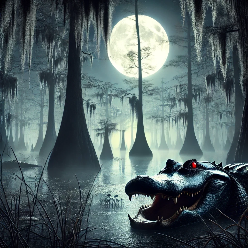 Full moon Florida swamp scene with aligator