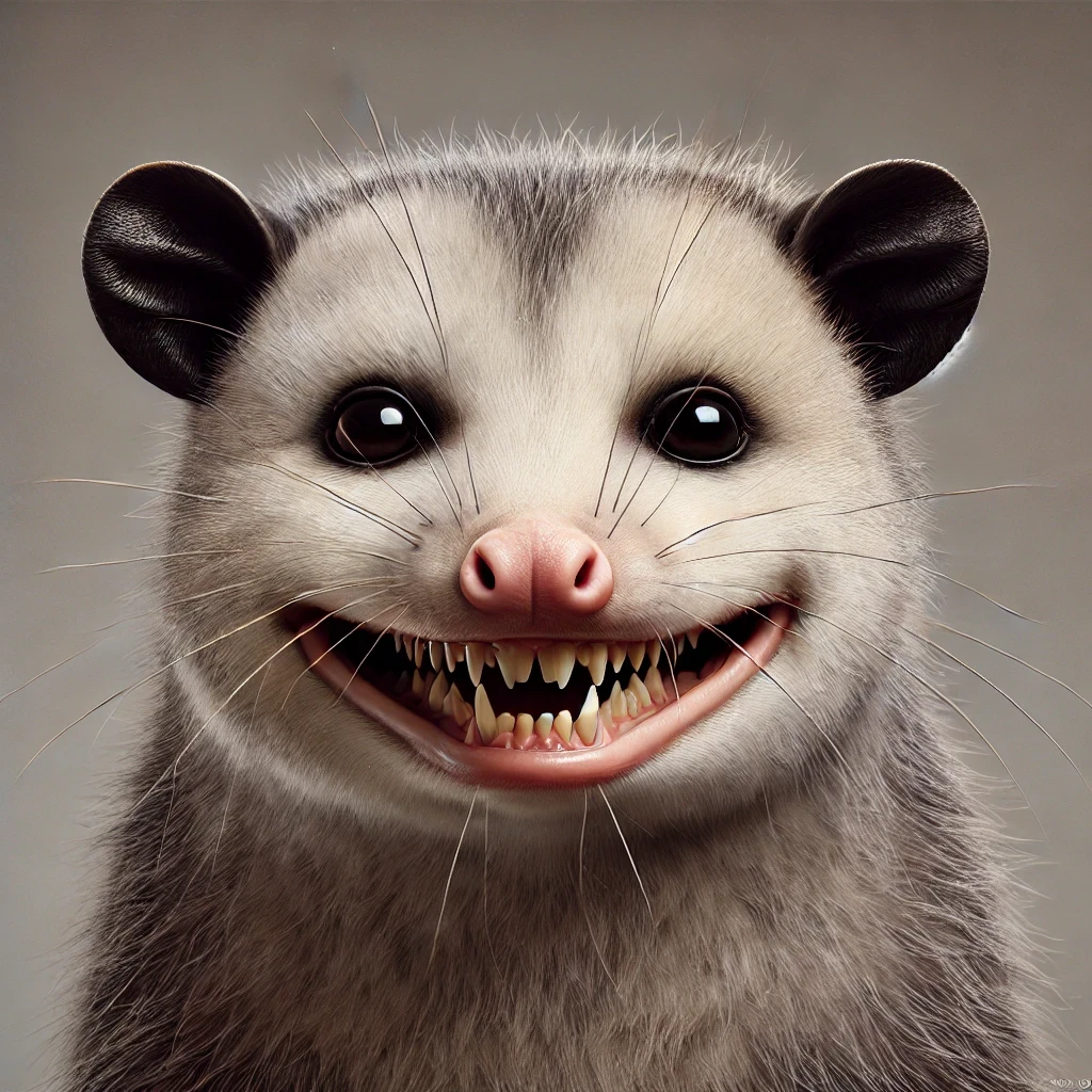Realistic possum with a mean-looking smile
